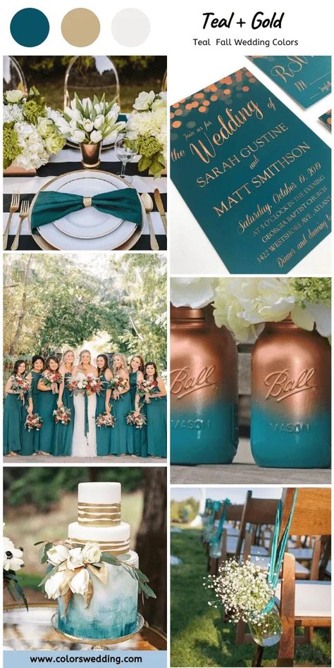 Fall Color Wedding Reception, Burgundy And Teal Wedding Flowers, 2023 Fall Wedding Dresses, Fall Color Dresses For Wedding, Wedding Colors With Gold Accents, Dark Teal And Dusty Rose Wedding, Teal Fall Wedding Ideas, Peacock Blue Wedding Colors, Country Wedding Color Schemes Fall