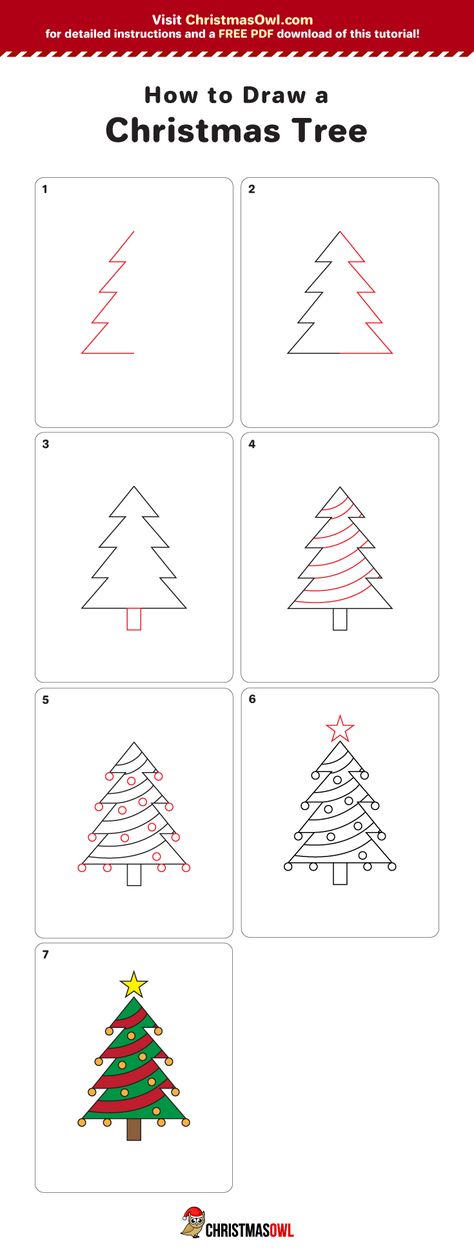 Easy step by step tutorial for drawing a Christmas tree. Download a PDF version of the tutorial at https://christmasowl.com/download/how-to-draw/how-to-draw-a-christmas-tree/ How Do You Draw A Christmas Tree, How To Draw Christmas Tree Step By Step, How To Draw A Christmas Tree Easy, How To Draw A Christmas Tree, Tree Drawing Step By Step, Easy Christmas Tree Drawing, How To Draw Christmas Tree, Christmas Tree Drawing Easy, Dog Drawing For Kids