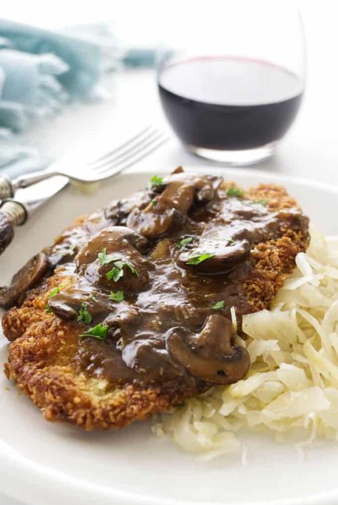 An all-purpose White Wine Mushroom Sauce packed with mushrooms. Made with white wine and rich homemade beef broth. Great on pork, steaks and chicken. Schnitzel Sauce Recipe, Shnitzle Recipe Pork Sauce, Jaeger Sauce, German Treats, Breaded Pork Cutlets, Jaeger Schnitzel, Pork Shanks, Pork Schnitzel Recipe, Homemade Beef Broth