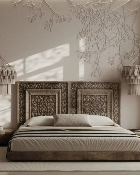 Indian Modern Interior Design, Bed Backdrop, Diy Headboard Ideas, Bedroom Elegant, Bed Heads, Luxury Boho, Earthy Home Decor, Wood Bed Design, Headboard Ideas