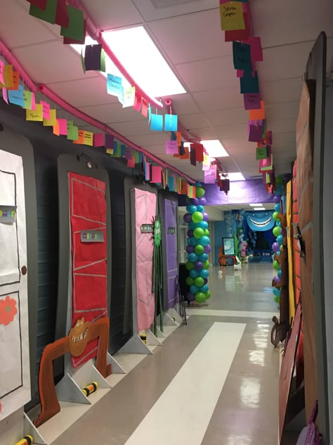 90s Theme School Hallway, Monsters Inc Doors Diy, Scare Floor Monsters Inc, School Hallway Themes Ideas, Disney Hall Decorations, Monsters Inc Homecoming Float, Hoco Hallway Ideas, Monsters Inc School Hallway, Monsters Inc Classroom Transformation