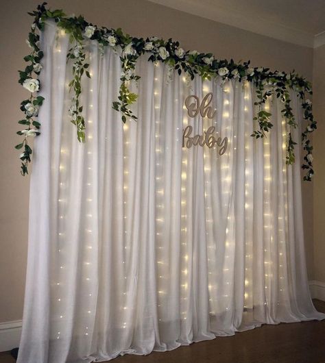 Backdrop With Flowers And Lights, Floral And Lights Backdrop, Wedding Backdrop Fairy Lights, Light Backdrop Diy, Twinkle Lights Backdrop, Fairy Light Curtain Backdrops, Greenery Backdrop With Lights, Natural Backdrop Ideas, Curtain Flower Backdrop