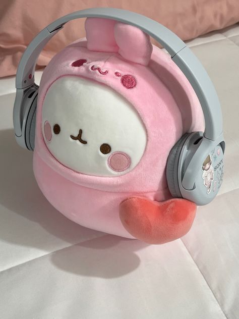 Stuffed Animal, Headphones, Bed, Pink