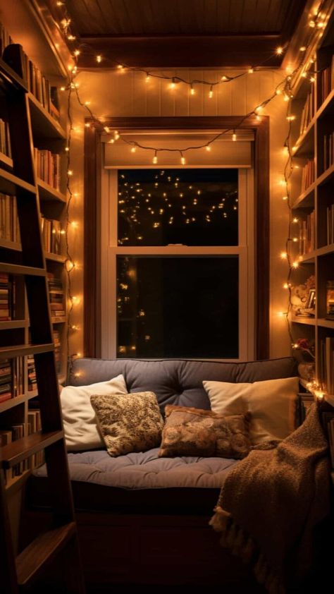 27 Cozy Reading nook Ideas That You Will Love For Your Home Elemental Animals, Cozy Book Nook, Cozy Reading Room, Bookshelf Quilt, Bedroom Reading Nook, Closet Nook, Reading Nook Decor, Cozy Lights, Reading Loft