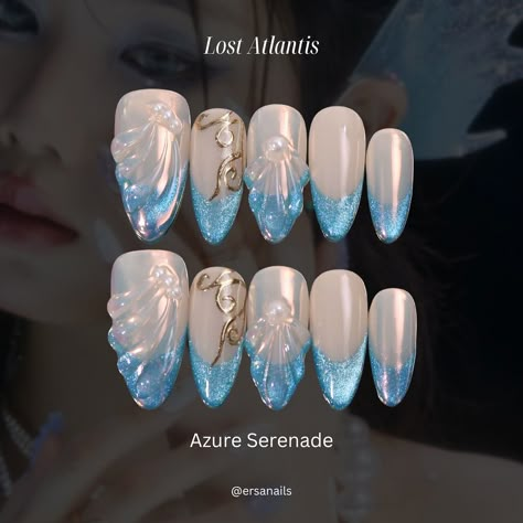 MEET US UNDER THE SEA ˖°𓇼🌊⋆🐚🫧 Introducing our Lost Atlantis collection, featuring 23 of our signature mermaid nail designs. 🧜🏼‍♀️ We’ve been planning this collection since the day we were founded, as mermaid-fairy core has always been the base of our brand and aesthetic. We’re so excited to release the Lost Atlantis collection that ties together our designs.🧚🏼‍♀️ If you’ve been following along our journey, you’ll discover some familiar designs that have been with us since day one of Ersa a... Under The Sea Nail Designs, Mermaid Nails Design Glitter, Mermaid Nails Aesthetic, Atlantis Nails, Under The Sea Nail Art, Mermaid Core Nails, Sea Inspired Nails, Mermaid Nails Design, Fairy Core Nails