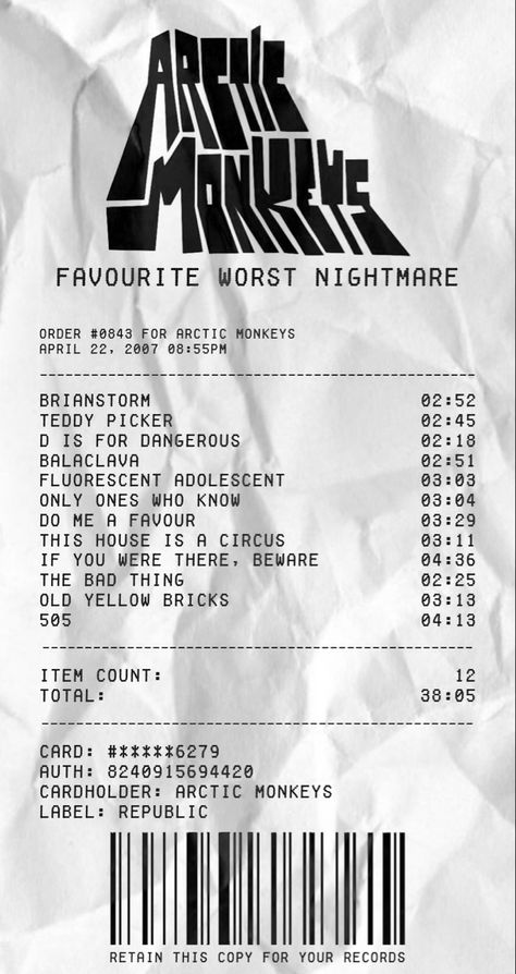 Arctic Monkey Receipt, Artic Monkeys Receipt, Gorillaz Receipt, Deftones Receipt, Band Receipts, Music Reciepts, Receipt Music, Song Receipts, Aesthetic Receipt