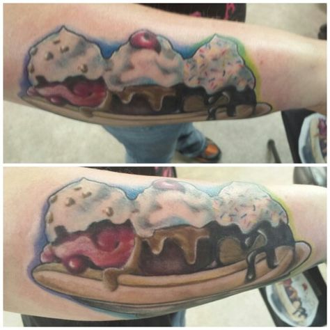 Banana Split Tattoo done by Daniel Tower at Electric Voodoo in Springfield Missouri Voodoo Tattoo, Springfield Missouri, Banana Split, Missouri, Tatting, Split, Tower, Tattoos, Pins