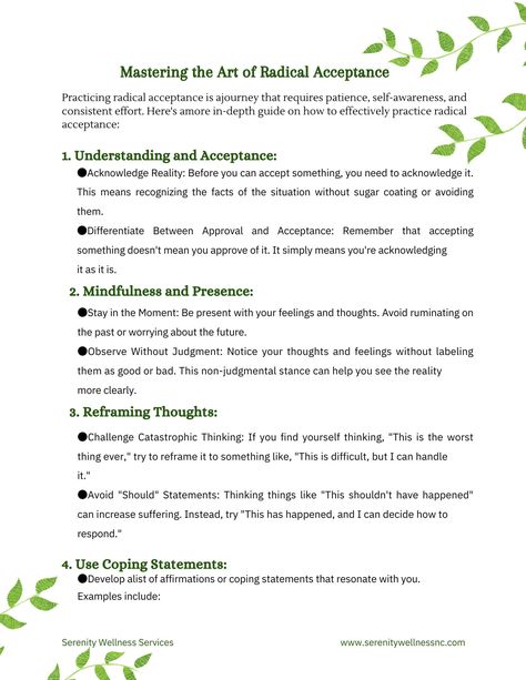 Enhance your therapeutic toolkit with a powerful approach that promotes healing and growth.  Dive deep into the transformative power of radical acceptance with this simplified digital guide tailored specifically for therapists or clients. Learn actionable strategies and exercises to introduce and practice radical acceptance with your clients. Instant download for endless utilization. How to Download: Once purchased, you will receive an email with a unique download link. Click on the link to access the digital guide. Download the guide to your preferred device for offline access. Begin your journey into the world of radical acceptance! Note: This is a digital product. No physical item will be shipped. Ensure you provide a valid email address during purchase to receive the download link. Accepting No, Radical Acceptance Activity, Acceptance Therapy Worksheets, Radical Self Acceptance, Radical Acceptance Worksheet, How To Practice Radical Acceptance, Radical Acceptance Book, Acceptance And Commitment Therapy Worksheets, Radical Acceptance Coping Statements