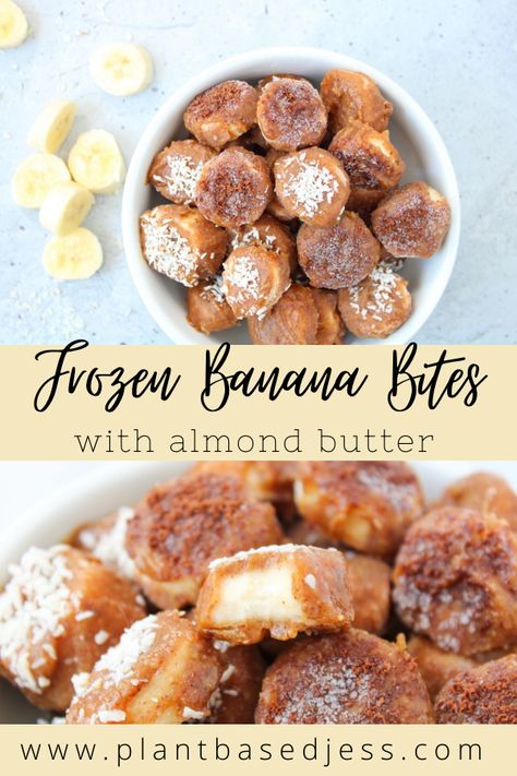 Frozen Almond Banana Bites - Only 4 ingredients - Plant Based Jess Freezing Bananas, Frozen Banana Treats, Frozen Chocolate Bananas, Banana Treats, Vegan Ice Cream Recipe, Mini Ice Cream, Peanut Butter Bites, Protein Balls Recipes, Ice Cream Bites