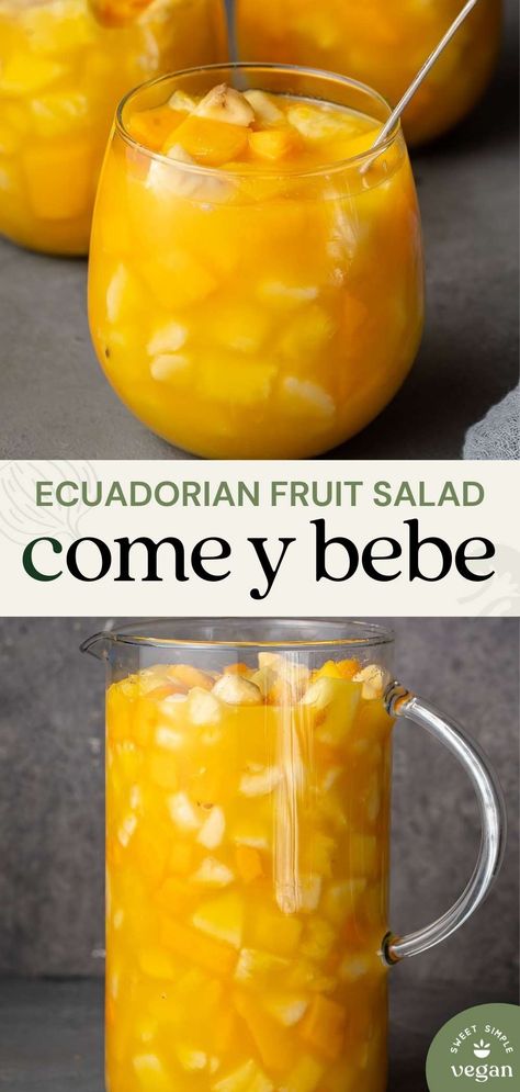 Come y bebe, which translates to “eat and drink”, is an Ecuadorian fruit salad made with fresh diced fruits and orange juice. You can eat it with a spoon or drink it straight from a glass, and it's perfect as a breakfast, snack, and even dessert. #comeybebe #ecuadro #ecuatoriano #ecuadorian #sweetsimplevegan #fruitsalad #raw #rawvegan #healthy Ecuadorian Food, Desserts Around The World, South American Recipes, Latin American Recipes, America Food, Easy Drink Recipes, Eat And Drink, Fruit Drinks, Vegan Dessert Recipes