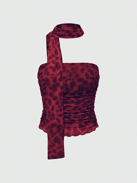 Women's Summer Leopard Print Pleated Halter Neck Camisole Red Casual   Mesh Fabric Leopard Print,All Over Print,Textured Pattern Halter Medium Stretch  Women Clothing, size features are:Bust: ,Length: ,Sleeve Length: Leopard Print Mesh Top, Singer Outfits, Dresses Date Night, Knit Leg Warmers, Hello Kitty Accessories, Lace Cami Top, Cute Headbands, Date Night Dresses, J Fashion