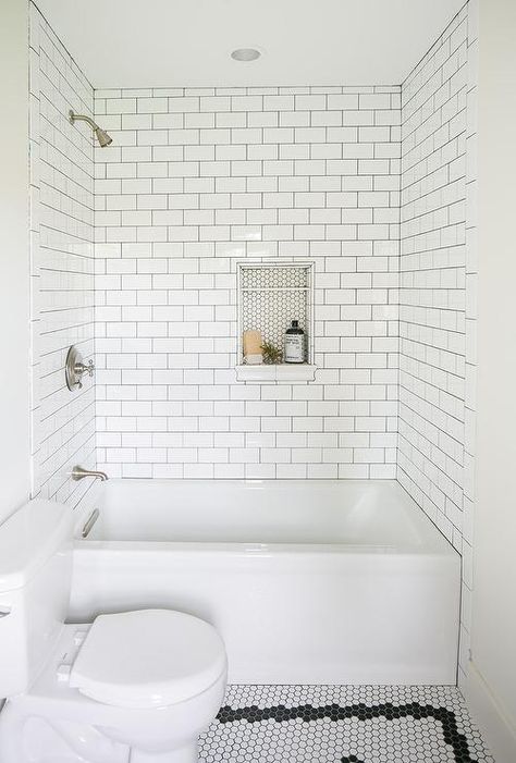 White Hex Tiled Shower Niche Over Drop In Bathtub - Cottage - Bathroom White Subway Tile Shower, Tile Shower Niche, White Subway Tile Bathroom, Bathtub Shower Combo, Subway Tile Showers, Subway Tiles Bathroom, Shower Wall Tile, Bathtub Tile, Tiled Shower