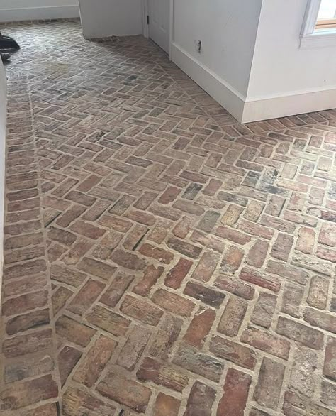 Brick Floor Foyer Entrance, Brick Foyer Floor, Brick Floor Cottage, Concrete Checkered Floor, Brick Garage Floor, Brick Flooring In Kitchen, Brick Floor Kitchen Farmhouse Style, Cobblestone Flooring Interior, Indoor Brick Flooring