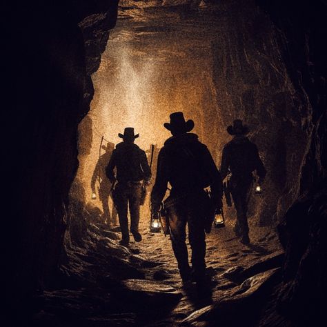 Group of cowboys walking down a low lit Mineshaft Old Western Cowboy Aesthetic, Wild West Outlaw Aesthetic, Western Vampire, Gothic Western Aesthetic, Dark Western Aesthetic, Western Horror, Wild West Aesthetic, Horror Western, Western Core