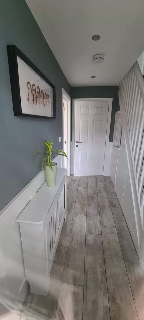 Blue And Grey Hallway, Hallway And Landing Paint Ideas, Hallways Colour Ideas, Grey Flooring Hallway, 2 Tone Wall Paint Ideas Hallway, Hallway Grey Floor, 2 Tone Hallway Paint Colors, Hallway Inspiration Paint Colors, Grey And White Hallway Ideas