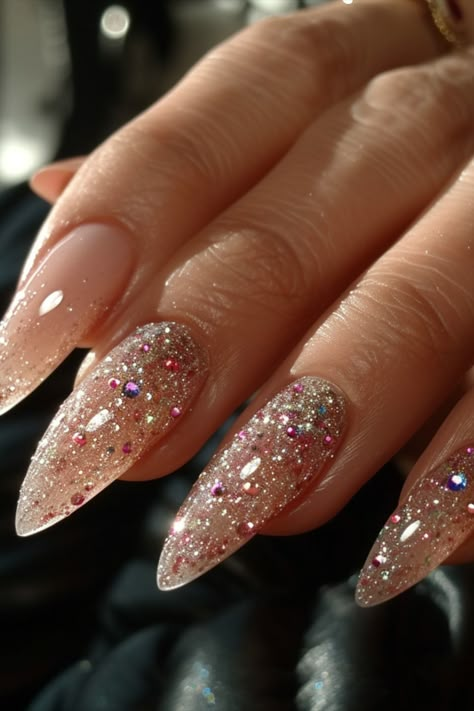 Sparkly Nails 2024 Glitter Gel Acrylic Nails, Shine Nails Glitter, Almond Glitter Nails, Sparkly Nails Acrylic, Cute Glitter Nails, Sparkly Blue Nails, Fall Glitter Nails, Glitter Almond Nails, Celestial Nail Art