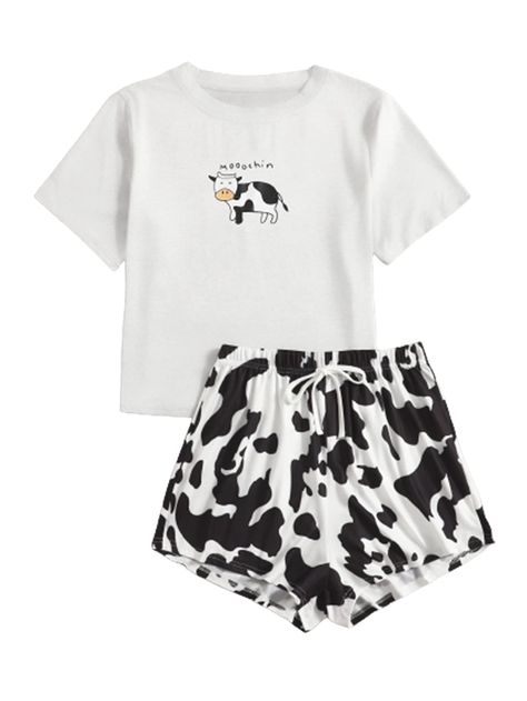 WDIRARA Women's Cartoon Cow Print Short Sleeve Tee and Shorts Pajama Set Multicolored XS at Amazon Women’s Clothing store Night Suit For Women, Printed Pajama, Shorts Pajama Set, Fits For Summer, Night Suit, Cute Pajamas, Womens Pyjama Sets, Sleepwear Sets, Women Nightwear