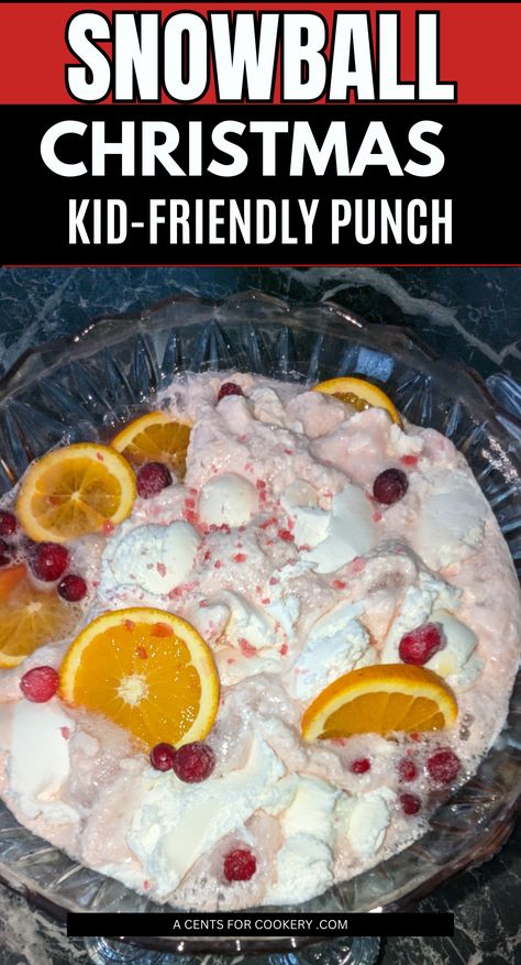 This fun holiday Snowball Christmas punch recipe is a kid-friendly, non-alcoholic recipe you will love using year after year. It's a simple drink that looks fancy and impresses kids every time. So pull out your punch bowl for this ice cream topped fizzy punch with orange and cranberry juices. Christmas Punch Kid Friendly, Kid Friendly Christmas Punch, Christmas Punch With Ice Cream, Kid Friendly Christmas Drinks, Ice Cream Punch Recipes, Kid Friendly Punch, Kids Christmas Drinks, Snowball Punch, Ice Cream Punch