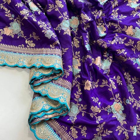 *Exclusive Only At Our Store* Pure Banarasi Pattu saree with Flower Meena weaving on all over the saree Weaving border on either side Rich & Elegant Weaving Pallu as shown *Scalloped Sequence & Embroidery Cut Work border attached on saree* Teamed with polka butties blouse with scalloped border 2449 Free shipping Dm order to whatsup 8309874411 @hansicollections inbox folder #hansicolletions #banarasisaree #organzaasaree #kuppadam #uppadasarees #uppadasilk #uppadatissuesarees #weddi... Sequence Embroidery, Indian Flowers, Wedding Saree Collection, Scalloped Border, Half Saree Designs, Saree Designs Party Wear, Pattu Saree, Wedding Saree, Embroidery Blouse Designs