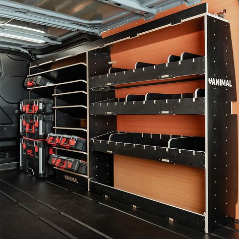 Transit Custom LWB Phenolic Black Finish Adjustable Driver Side Racking with Toolbox ShelvesVanimal van racking and storage shelving is designed and produced on-site in Leeming Bar, North Yorkshire; shipping throughout the UK and across Europe. Our Ford Transit Custom L2 universal front toolbox racking is made from heavy-duty, high-quality, 12mm black Phenolic treated, hexaboard finish plywood. This provides an attractive and resilient textured finish, giving the van racks a strong, stable, and Transit Van Tool Storage Ideas, Ford Transit Custom Racking Ideas, Transit Custom Racking Ideas, Work Van Ideas, Transit Connect Shelving, Van Storage Ideas Tools, Work Van Storage Ideas, Work Van Organization Ideas, Transit Custom Racking