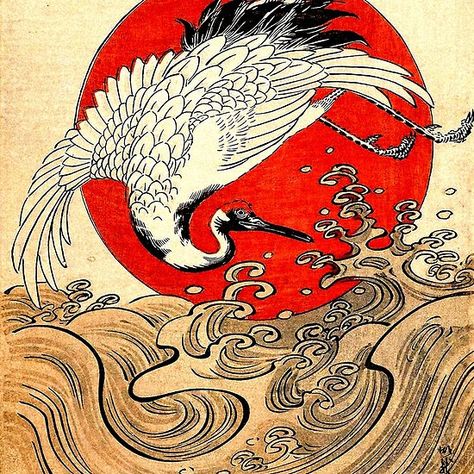 RED SUN ,FLYING CRANE AND SEA WAVES Japanese Painting #crane #animals #birds #beauty #nature #japanese #redsun #red #japan #cranes #fashion #homedecor #vintage Tato Irezumi, Crane Tattoo, Kunst Tattoos, Japan Illustration, Japanese Illustration, Wu Tang Clan, Japon Illustration, Japanese Tattoo Art, Eastern Art