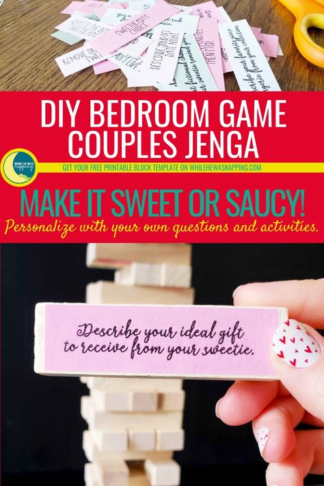 DIY Bedroom Game Couples Jenga - Make it sweet or make it spicy with this fun version of Jenga you'll love to play with your sweetie. Couples Jenga, Love Games For Couples, Diy Projects For Couples, At Home Date Night, Date Night Games, Home Date Night, Couple Crafts, Games For Couples, Jenga Game