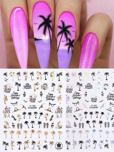 2 Sheets Summer Coconut Tree Nails Sticker Tropical Palm Trees Black Laser Gold Silver Design Foliage Ocean Beach Summer Nail Art DecalsI discovered amazing products on SHEIN.com, come check them out! Coconut Tree Nail Art, Beach Toe Nails, Bird Nail Art, Palm Tree Nail Art, Best Summer Nail Color, Tropical Vacation Nails, Tree Nail Art, Palm Tree Nails, Tropical Palm Trees