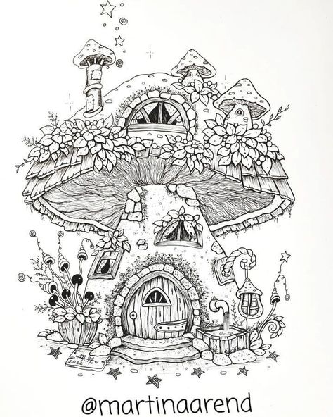 Mushroom Fairy Houses Drawing, Drawing House Aesthetic, Mushroom House Tattoo Design, Drawing Fairy House, Fantasy House Sketch, Mushroom Hut Drawing, Drawing Mushroom House, Tiny House Drawing Art, Cute Houses Drawings