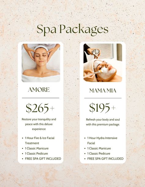 ✨ Treat Yourself to Our Spa Packages! ✨

Indulge in pure relaxation with our luxurious offerings:

💖 Amore Package: Enjoy a 60-minute Fire and Ice Facial, classic manicure, classic pedicure, and a FREE spa gift—all starting at $265!

💖 Mama Mia Package: Revitalize with a 60-minute Hydra Intensive Facial, classic manicure, classic pedicure, and a FREE spa gift—all starting at $195!

Call us at 301-665-1060 to reserve your spot. Your blissful getaway awaits! Classic Pedicure, Fire And Ice Facial, Classic Manicure, Ice Facial, Spa Packages, Mama Mia, Spa Gift, Premium Packaging, Spa Gifts