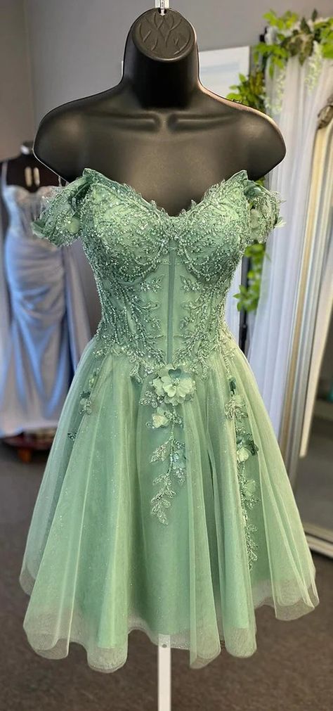 Elegant V-neck A-line Off Shoulder Tulle Dusty Sage Applique Short Hom – RomanBridal Green A Line Dress Short, Sage Green Damas Dresses For Quince, Green Corset Dress Short, Light Green Homecoming Dress, Hoco Green Dresses, Enchanted Hoco Dress, Enchanted Garden Hoco Dresses, Princess And The Frog Hoco Dress, Princess And The Frog Homecoming Dress