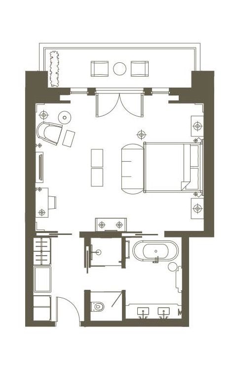 The Regent Porto Montenegro | Deluxe Sea View Room 40 - 55 sqm / 430 - 592 sqft (excluding terrace) Hotel Bedroom Plan Layout, Bedroom Terrace Ideas, Plan Master Room, Hotel Bedroom Plan, Room Plans Layout, Hotels Room Design, Master Bedrooms Plan Layout, Hotel Suite Layout, Hotel Suite Room Plan