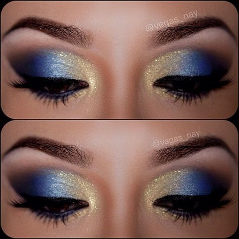 Blue And Gold Makeup, Yellow Eye Makeup, Make Up Designs, Drag Make-up, Trendy Eyeshadow, Gold Eye Makeup, Smink Inspiration, Eye Makeup Steps, Beauty Make-up