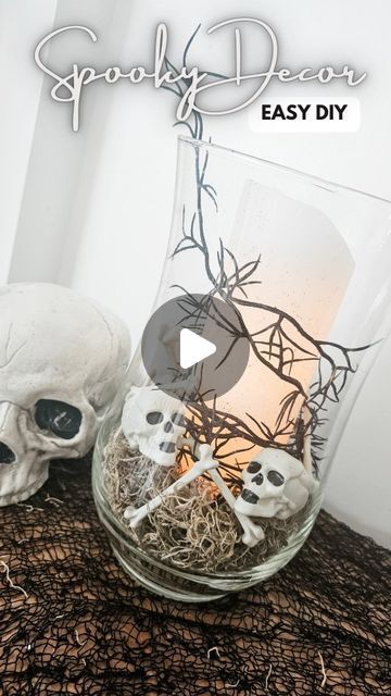 CHAOS and Charm on Instagram: "So easy yet so Elegant to do this DIY! Everything is from @dollartree except the candle and vase which most of you probably already have!! Halloween diy for the win again!☠️🎃💀 

Tag, Follow, and Share for more!" Diy Halloween Vase Ideas, Halloween Vase Filler Ideas, Spider Web Vase Diy, Glass Vase Halloween Decor, Dollar Tree Skeleton Candle, Vase Filler Ideas, Diy Everything, Halloween Vase, Dollar Tree Halloween Decor