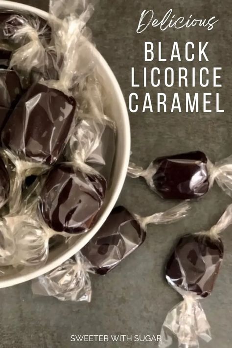 Black Licorice Caramel is a Halloween favorite-it is soft, chewy and tastes like black licorice! If you love black licorice, you will love this caramel. #Caramel #Licorice #BlackLicorice #HomemadeCaramel #HomemadeCandy Liquorice Recipes, Home Made Candy, Licorice Candy, Holiday Snacks, Black Licorice, Candied Nuts, Sugar Crystals, Halloween Treat Bags, Flavored Milk