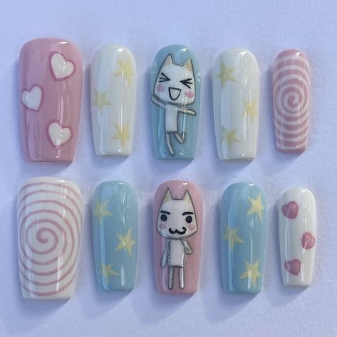 @a4ngelnails Nail Designs Sanrio, Pill Nails, Doing My Nails, Fake Nails Designs, Heavy Burden, Im So Happy, Punk Nails, Cute Simple Nails, Anime Nails