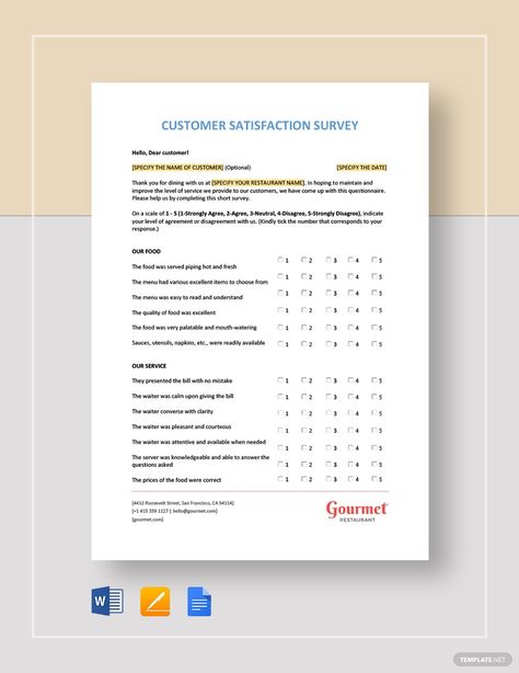 Restaurant Customer Satisfaction Survey Template Customer Satisfaction Survey Questions, Customer Satisfaction Survey Template, Pamphlet Template, High School Books, Survey Template, Customer Survey, Survey Questions, Word Free, Report Template