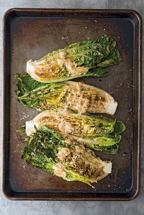 Broiled Lettuce, Grilled Lettuce Romaine, Roasted Romaine, Charred Romaine, Romaine Lettuce Recipe, Grilled Lettuce, Anchovy Recipes, Grilled Romaine Salad, Grilled Vegetable Recipes