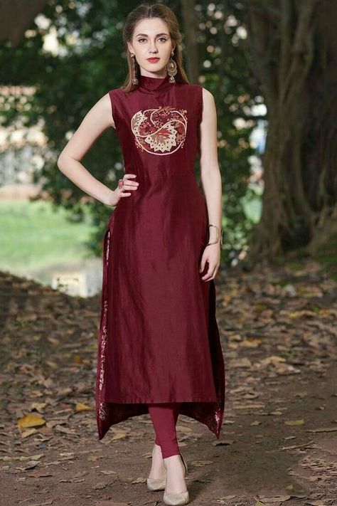 High Neck Collar Chiffon Kurti Design, High Neck Kurti, High Low Kurti, Silk Kurti Designs, Design Kurta, Kurti Patterns, Simple Kurti Designs, Salwar Designs, Gaun Fashion