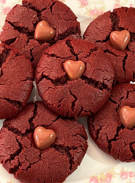 Heart Shaped Red Velvet Cookies, Red Baking Aesthetic, Valentines Baking Aesthetic, Red Velvet Cookies Aesthetic, Aesthetic Baking Photos, Baking Moodboard, Valentine’s Day Baked Goods, Aesthetic Baked Goods, Baked Goods Aesthetic