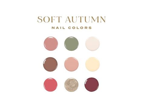 This PDF guide was created as a comprehensive list of all nail colors falling within the Soft Autumn Color Season in color typing. These colors have been carefully matched and ensure that you will choose a nail color that complements the rest of your look.  - GUIDE INCLUDES: 1. Colors listed by brand. Brands include: Essie, Essie Gel Couture, Essie Expressie, OPI Infinite Shine & Regular, OPI Gel, OPI Nature Strong, Olive & June, Pacifica, Nailtopia, Zoya, Sally Hansen Insta Dri and Sally Hansen Miracle Gel  2. Guides include over 100+ carefully selected and color matched shades.  2. Looking for a brand not listed? Send us a message and we will track down the coordinating colors for you!  This item is a digital download. After purchase, you will be able to download right away. No palettes Nail Colors For Soft Autumn, Nails For Soft Autumn, Soft Autumn Color Palette Nail Polish, House Of Colour Autumn Nails, Soft Autumn Nails Color Palettes, Soft Autumn Nail Polish, Muted Nail Colors, Soft Autumn Color Season, Soft Autumn Nail Colors