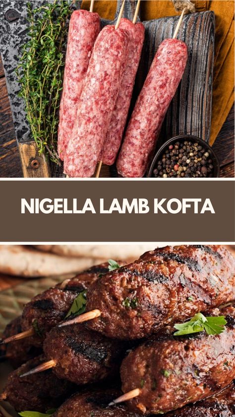 Nigella Lamb Kofta is made of ground lamb, onion, garlic, parsley, cumin, coriander, salt, and pepper. Shaped into patties or skewers, they serve 12 and take about 20 minutes to prepare and cook. Serve with pita bread or salad. Lamb Kefta Kabob, Middle Eastern Ground Lamb Recipes, Ground Lamb Stuffed Peppers, Recipes With Ground Lamb, Ground Lamb Recipes Easy, Lamb Kofta Recipe, Easy Lamb Recipes, Ground Lamb Recipes, Lamb Koftas