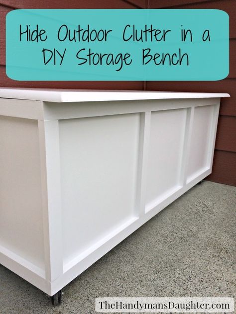 See how I contained the clutter of toys on our front porch with a DIY bench that incorporates storage and seating, while also improving curb appeal! Storage Bench Outdoor, Front Porch Update, Front Porches Ideas, Porch Update, Porches Ideas, Outdoor Furniture Makeover, Hide Clutter, Crate Bench, Porch Storage