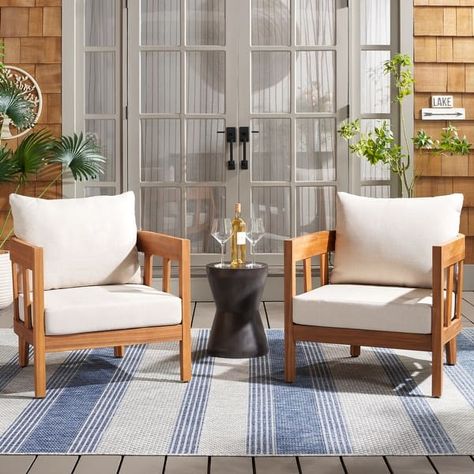 SAFAVIEH Outdoor Owen Cushion Solid Wood Chair Set of 2 - 28Wx30Dx25H - On Sale - Bed Bath & Beyond - 41144602 Exterior Furniture Design, Balcony Chairs Ideas, Small Porch Seating Ideas, Front Porch Chairs Ideas, Front Porch Chairs, Outdoor Chairs Design, Modern Front Porches, Modern Outdoor Chairs, Porch Chairs