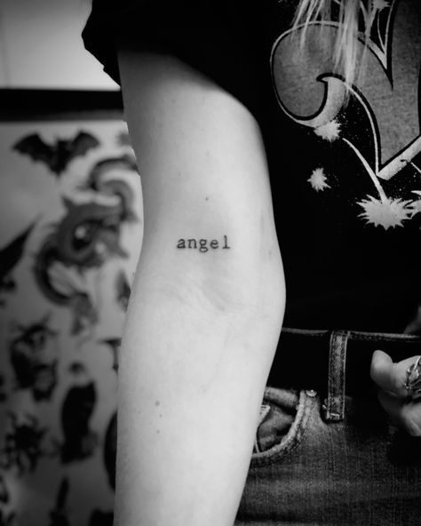 Word Tattoo Fonts, Angel Tattoo Writing, Angel Word Tattoo, Loved By An Angel Tattoo, Tattoo Writing, Tattoo Angel, Fonts Cursive, Tattoo Fonts Cursive, Word Tattoo