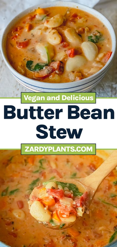 Butter bean stew in a bowl and in a pot. Vegan Butter Bean Stew, Metformin Meals, Bean Recipes Vegan, Canned Beans Recipe Ideas, Butterbean Soup, Butter Bean Recipes, Easy Vegan Butter, Vegan Soups And Stews, Butter Bean Stew