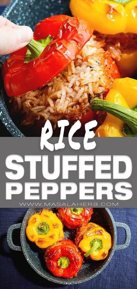 Vegan Stuffed Peppers Recipe with Rice - How to make vegan stuffed peppers with rice. stuffed bell pepper, stuffed capsicum, stuffed paprika. Gluten-free plant-based and meatless stuffed peppers. Absolutely healthier main course meal idea or serve as a side dish with another meal. You can also adjust the seasoning to your liking! easy dinner ideas for the whole family. DIY food meals, healthy weeknight dinner. www.MasalaHerb.com #rice #vegan #peppers Stuffed Peppers Without Rice, Bell Pepper Stuffed, Vegan Stuffed Bell Peppers, Rice Stuffed Peppers, Stuffed Capsicum, Recipe With Rice, Pepper Stuffed, Capsicum Recipes, Stuffed Bell Pepper