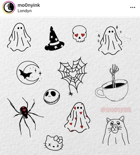 Cute Small Spooky Tattoos, Kawaii Best Friend Tattoos, Small Tattoo Halloween, Halloween Cute Tattoo Ideas, Ghost Tiny Tattoo, Halloween Line Art Tattoo, Cute Mini Halloween Tattoos, Small Simple Flash Tattoo, Cute Small Goth Tattoos