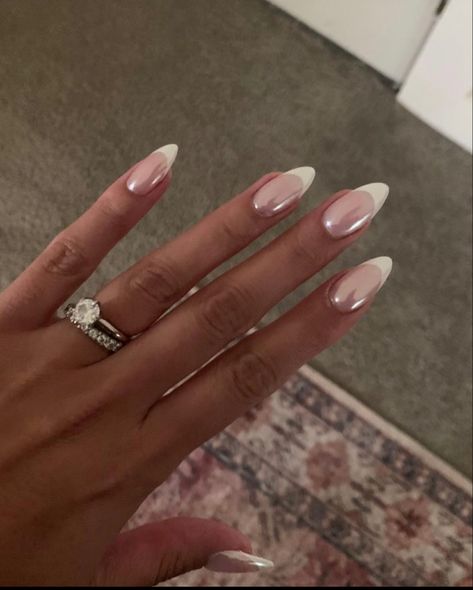 Short Cute Almond Acrylic Nails, Oval French Tip Nails Chrome, Coffin French Tip With Chrome, White French With Glitter Line, Opalescent French Tip Nails, Gel X Fill, Glazed Donut French Tip Nails, Fancy French Tip Nails, Sparkly French Nails