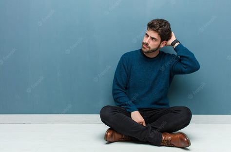 Man Sitting On Floor, Holding Face, Sitting On Floor, Looking To The Side, Male Pose Reference, Funny Expressions, Man Sitting, Design Event, Guy Drawing