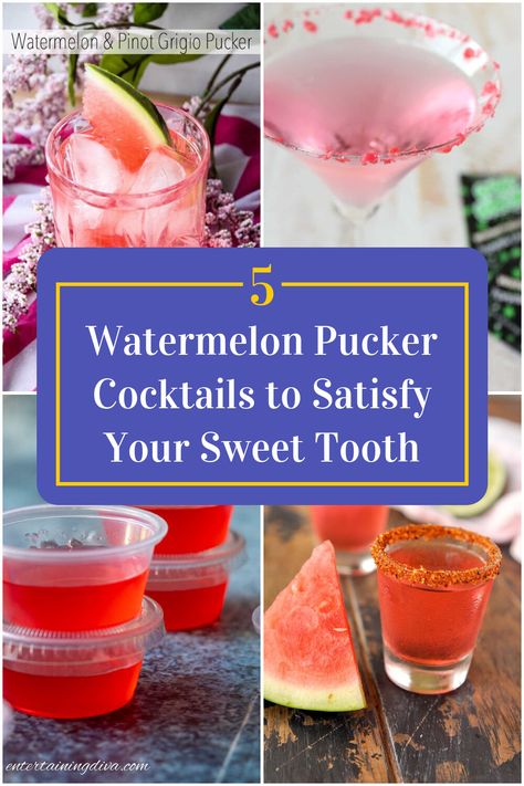 Collage of 4 watermelon pucker cocktails. Strawberry Pucker Drinks, Watermelon Schnapps Recipes, Watermelon Pucker Shots, Watermelon Schnapps Drinks, Drinks With Watermelon Pucker, Watermelon Pucker Drinks Recipes, Watermelon Pucker Drinks, Sour Mixed Drinks, Watermelon Drinks With Alcohol